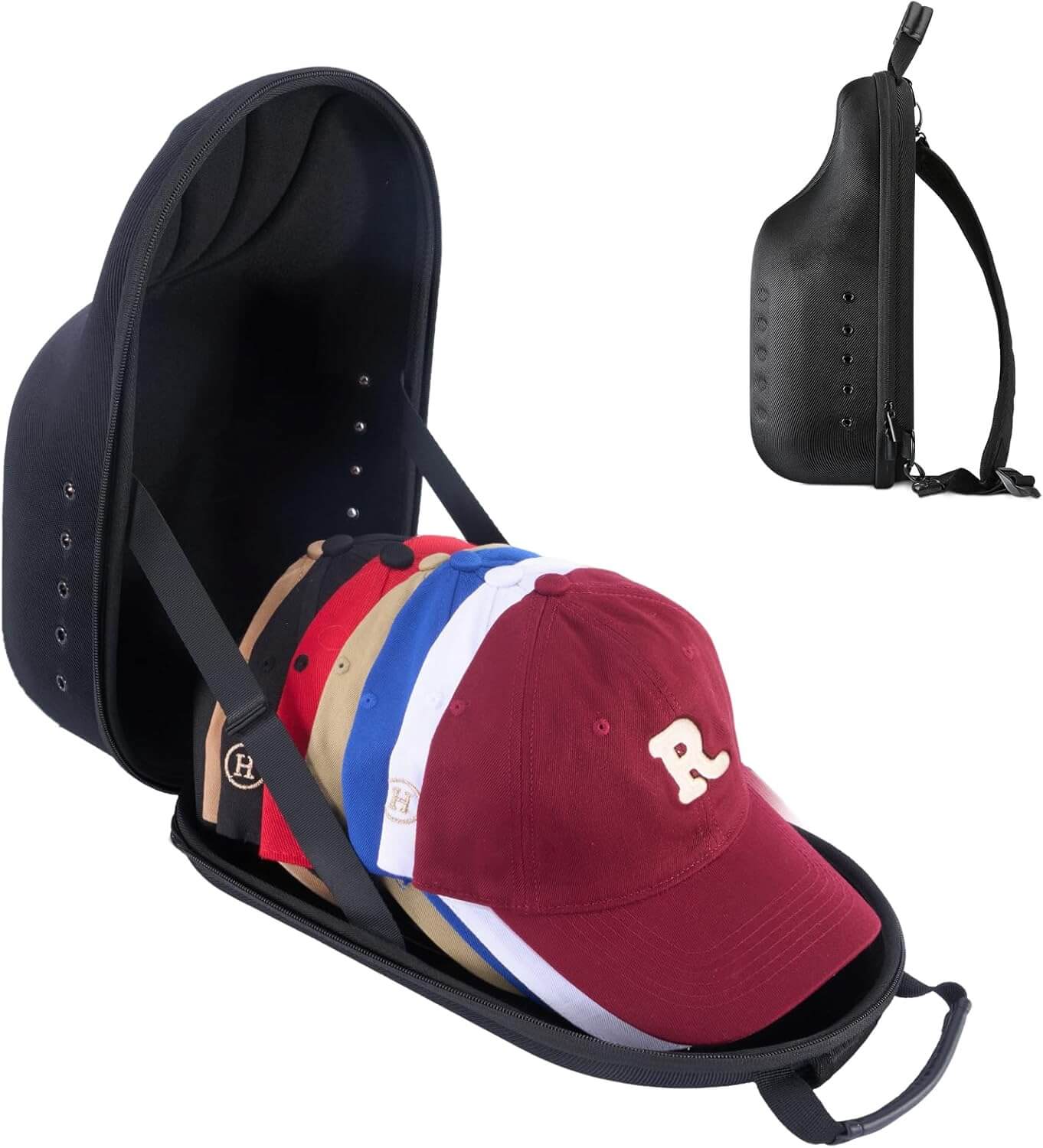 Black cap carrier with multiple caps inside on a white background