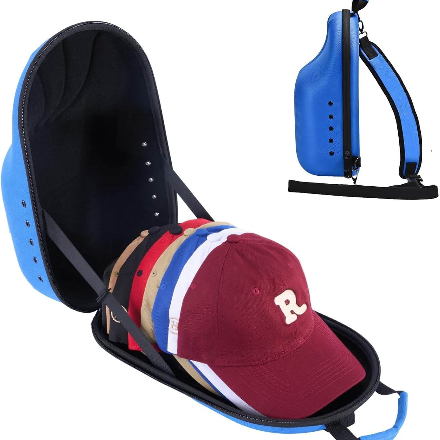 Blue cap carrier with multiple caps inside on a white background