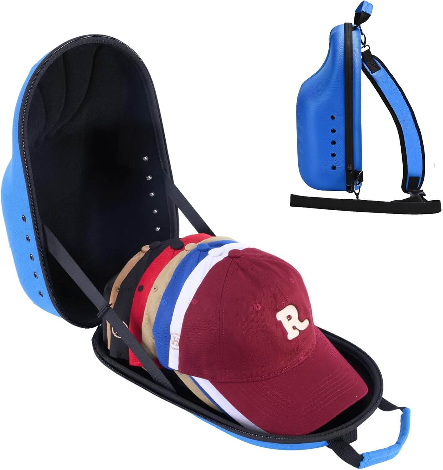 Blue cap carrier with multiple caps inside on a white background