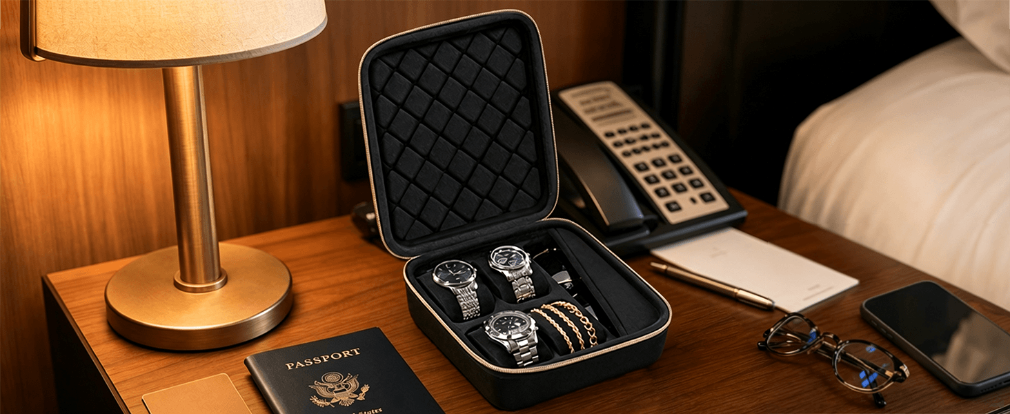 A black quilted watch travel case open on a wooden bedside table, holding several wristwatches and bracelets. A lamp, phone, notebook, glasses, and passport are visible around it in a hotel-room setting.