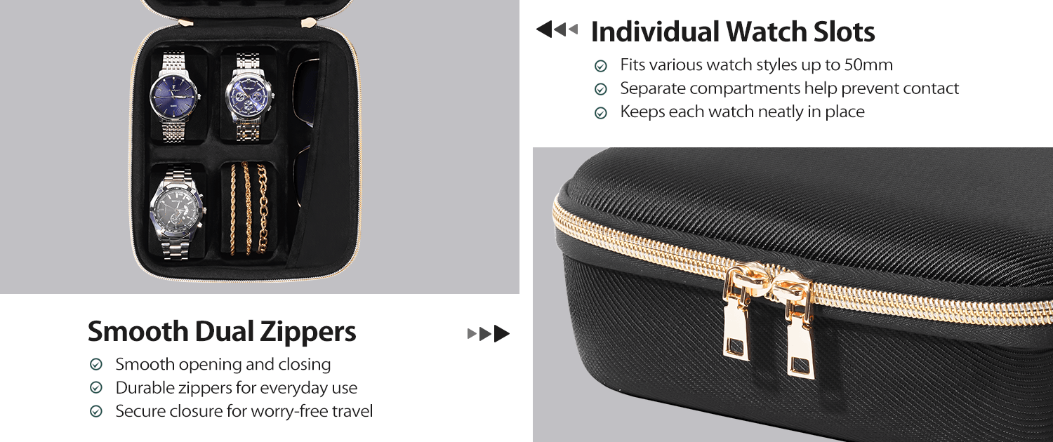 Travel Watch Case for Men, Hard Shell Storage Box -Black