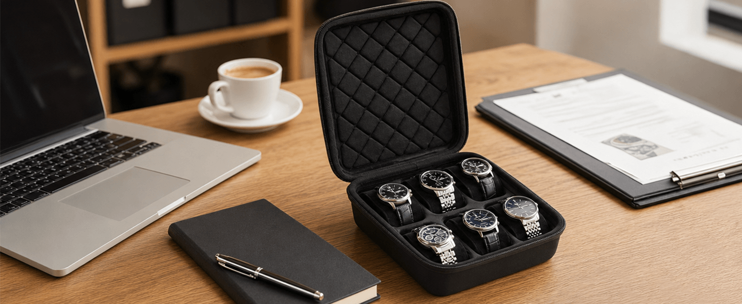 A black quilted watch storage case on a wooden desk, open to display four silver and black wristwatches. The scene includes a laptop, a cup of coffee, a notebook with a pen, and a clipboard in the background.