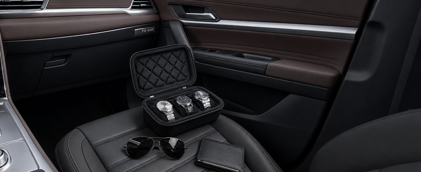 A black watch travel case with three watch slots is open on a car seat, displaying three wristwatches. Sunglasses and a wallet rest on the seat beside the case.