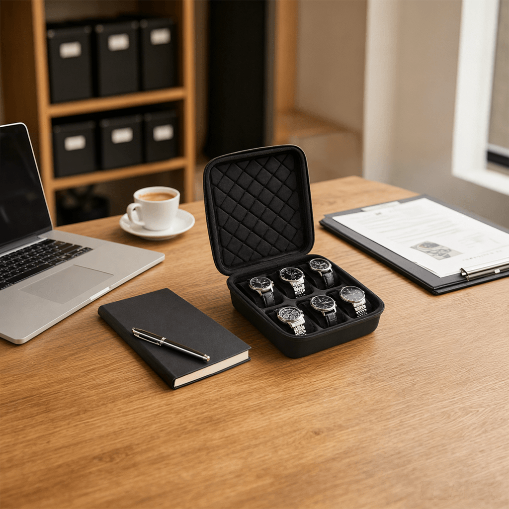 A black watch storage case with a quilted interior sits open on a wooden desk, holding four wristwatches. The scene is styled like an office workspace with a laptop, notebook, coffee cup, and clipboard.