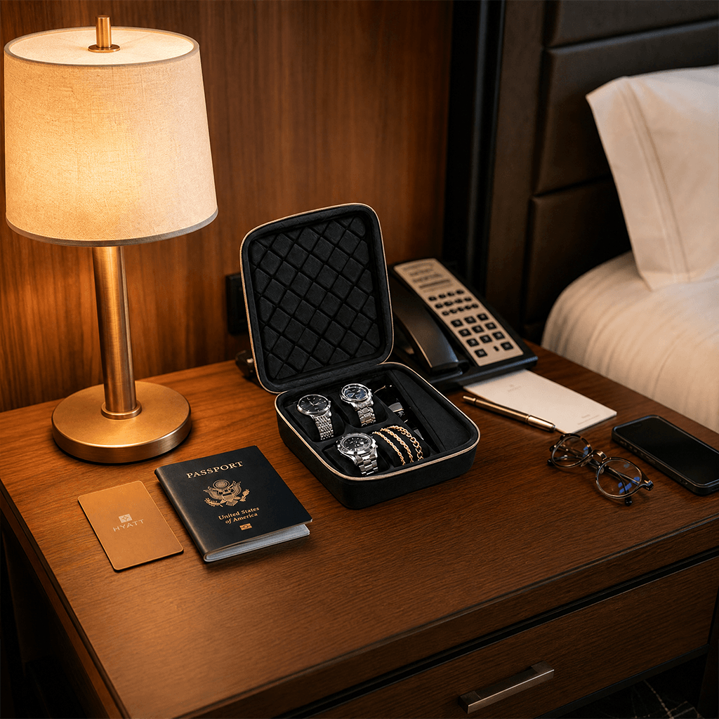 A black watch and accessory storage case sits open on a wooden bedside table, holding two wristwatches and several bracelets. The scene includes a lit table lamp, a passport, a phone, glasses, and a smartphone in a hotel-style bedroom setting.