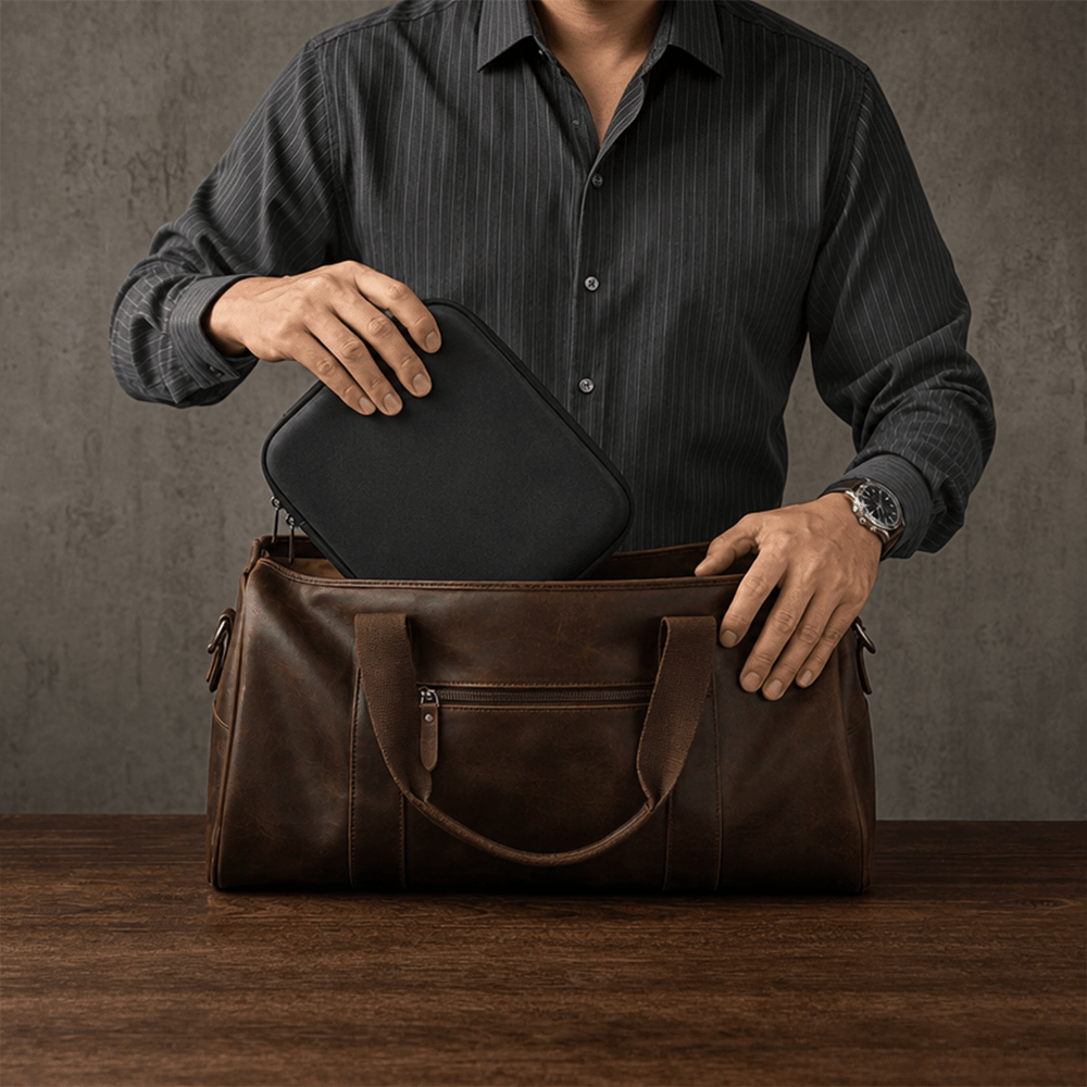 A man holds open a brown leather duffel travel bag, showing a black zippered travel watch case pouch inside.