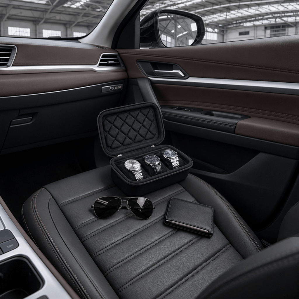 A black watch organizer case with three watch slots is placed open on a car seat, holding three silver watches. The scene is set inside a luxury car interior, with sunglasses and a wallet on the seat.