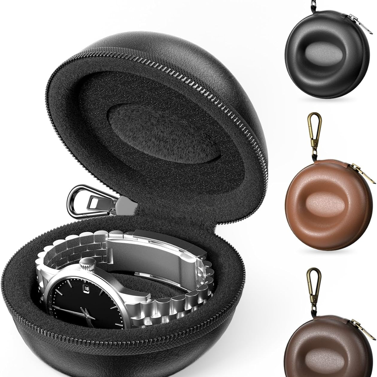 Single Watch Travel Case with Carabiner Clip, Rigid EVA Hard Shell Watch Travel Box for Travel, Outdoor & Gym