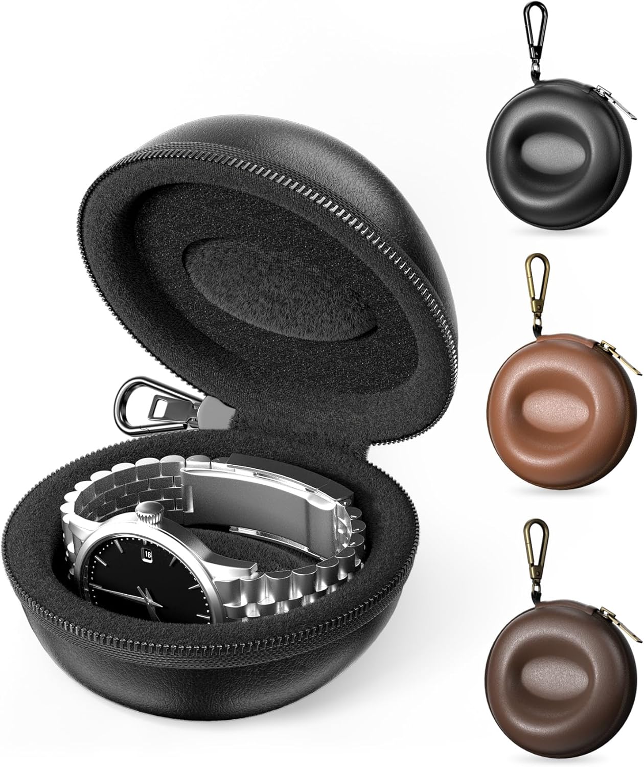 Single Watch Travel Case with Carabiner Clip, Rigid EVA Hard Shell Watch Travel Box for Travel, Outdoor & Gym