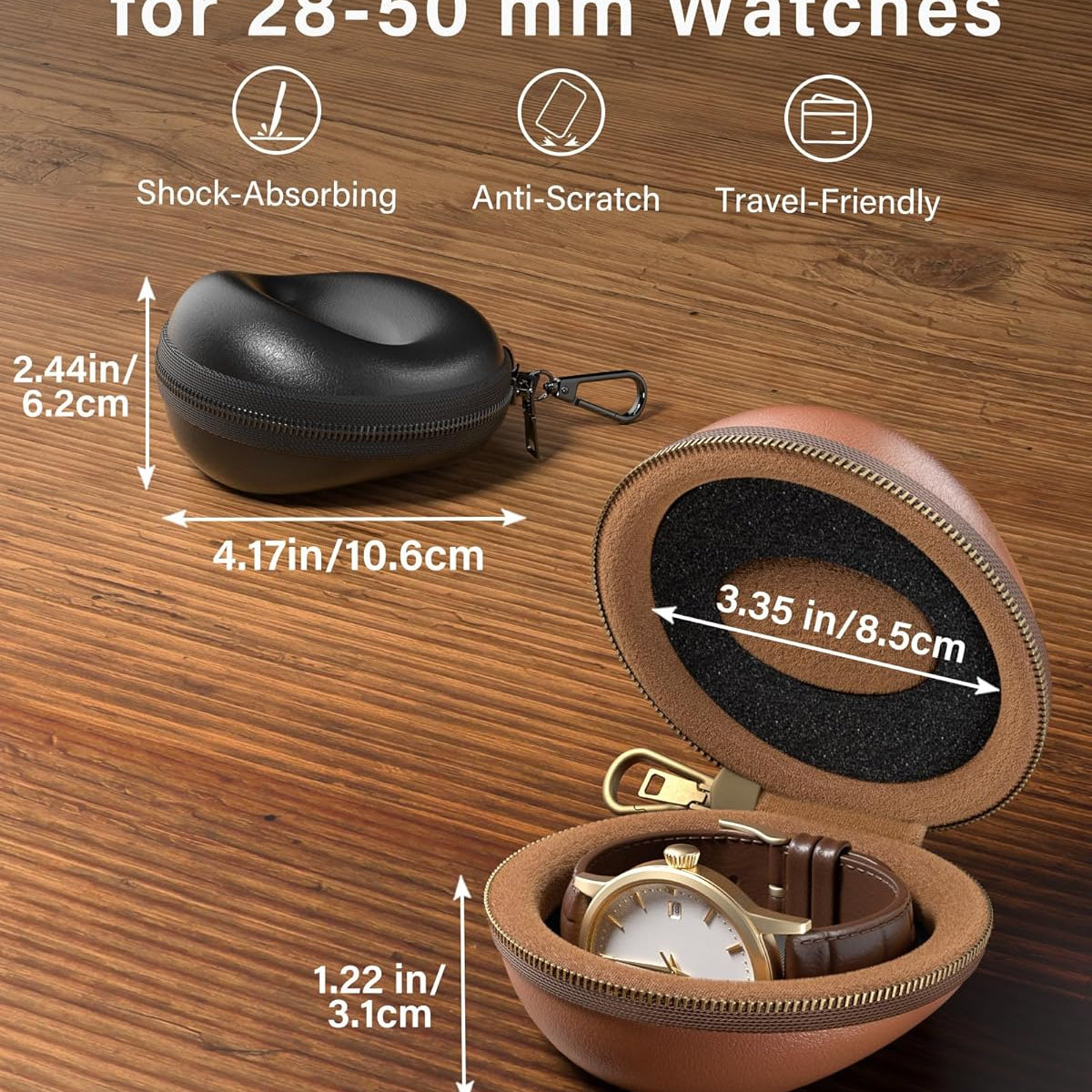 Single Watch Travel Case with Carabiner Clip, Rigid EVA Hard Shell Watch Travel Box for Travel, Outdoor & Gym