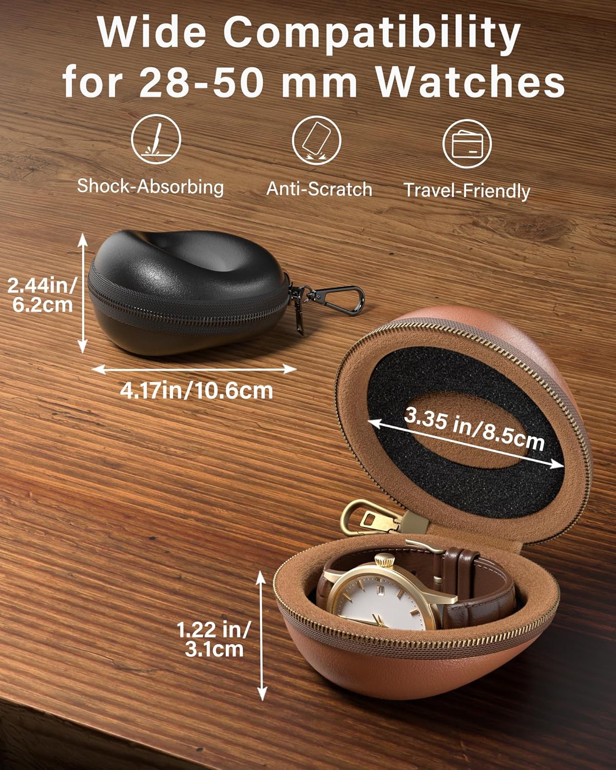 Single Watch Travel Case with Carabiner Clip, Rigid EVA Hard Shell Watch Travel Box for Travel, Outdoor & Gym