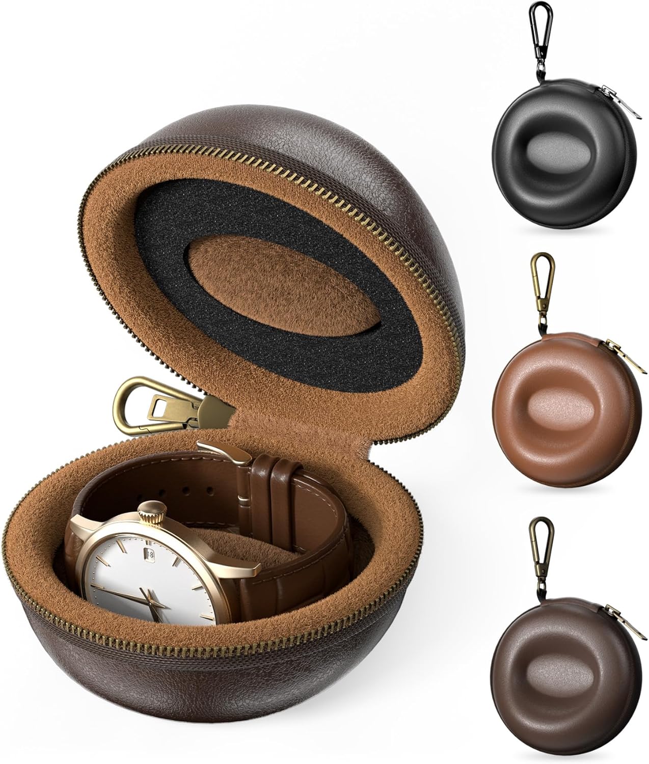 Single Watch Travel Case with Carabiner Clip, Rigid EVA Hard Shell Watch Travel Box for Travel, Outdoor & Gym