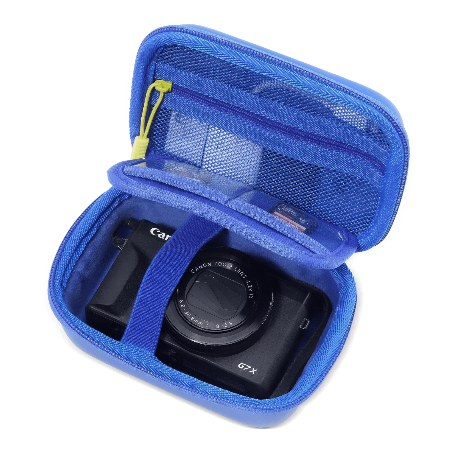An open hard-shell digital camera case with blue mesh compartments and a blue strap holding a Canon G7X camera, shown on a white background.