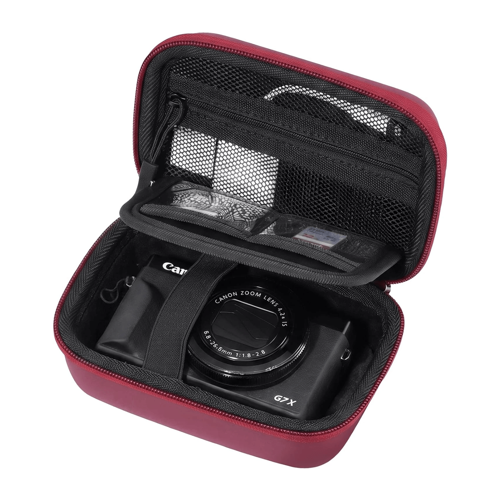 A red and black digital camera case shown open, containing a Canon G7X camera. The case features a zippered exterior, a black interior, and multiple mesh pockets for accessories, photographed on a solid white background.