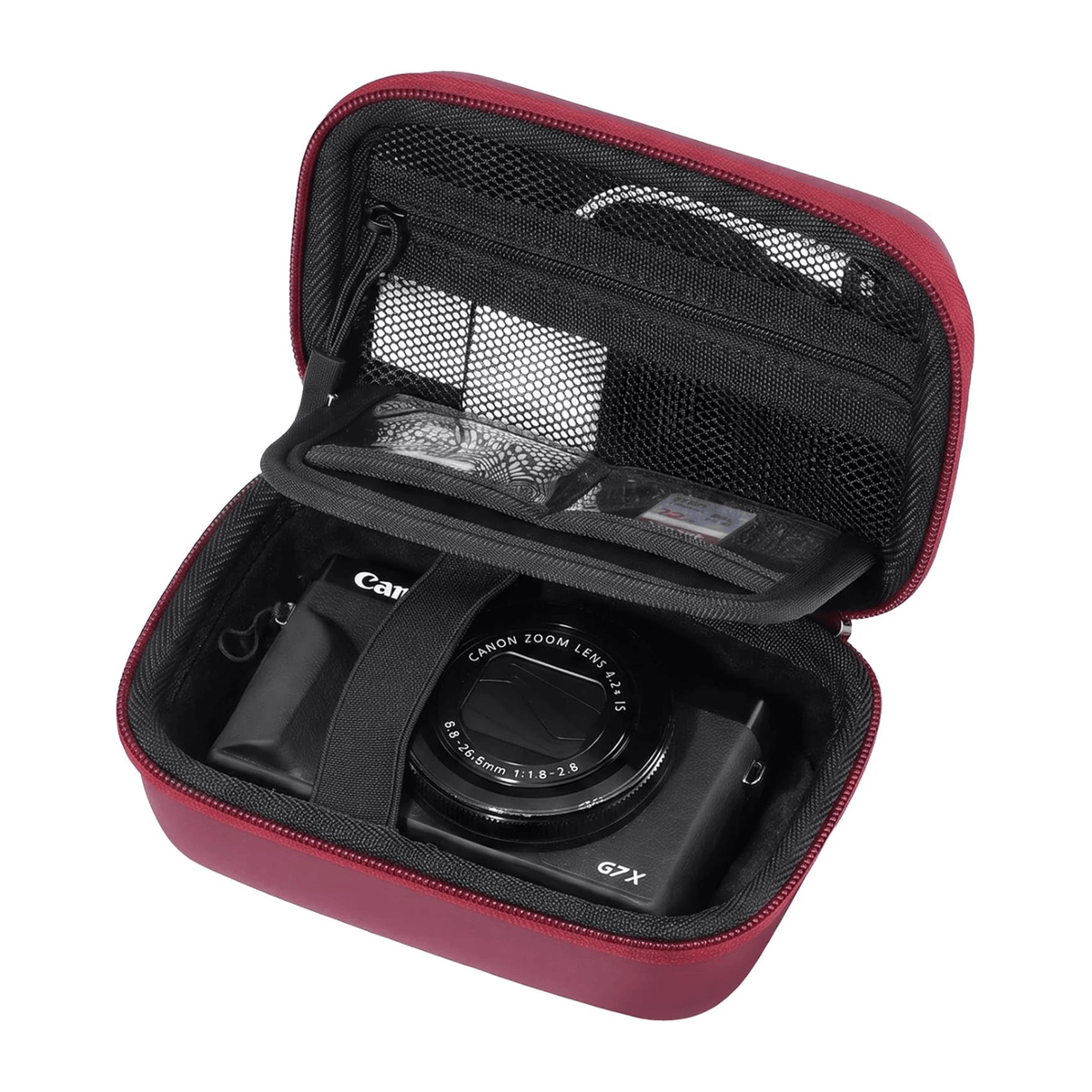 A red and black digital camera case shown open, containing a Canon G7X camera. The case features a zippered exterior, a black interior, and multiple mesh pockets for accessories, photographed on a solid white background.
