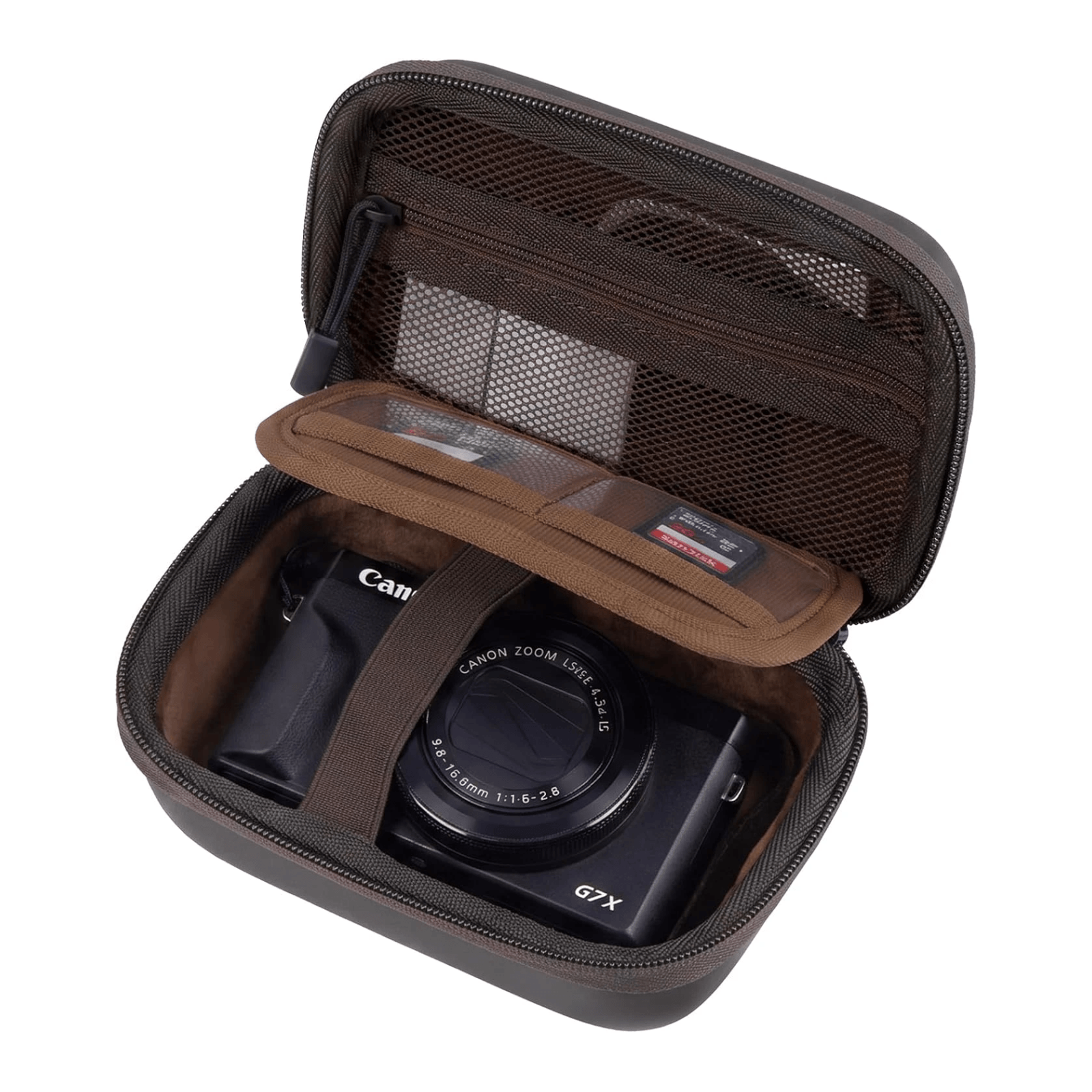 A dark brown hard-shell digital camera case shown open, containing a Canon G7X camera. The case features a zippered exterior, a mesh pocket on the inside lid, and a padded brown insert.