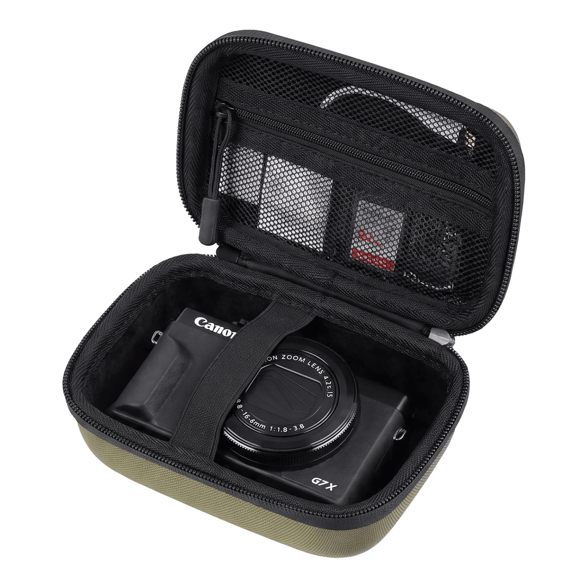 An open hard-shell digital camera case with black mesh compartments and a black strap holding a Canon G7X camera, shown on a white background.