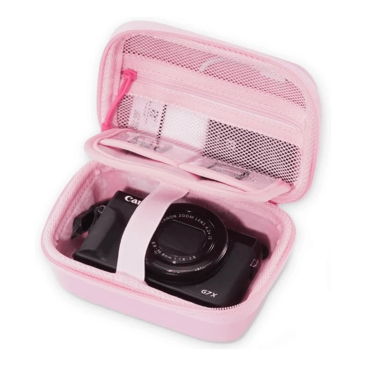 A pink digital camera case shown open, containing a black Canon DSLR camera. The case features a main zippered compartment, a front slip pocket with a pink strap, and a mesh upper compartment.