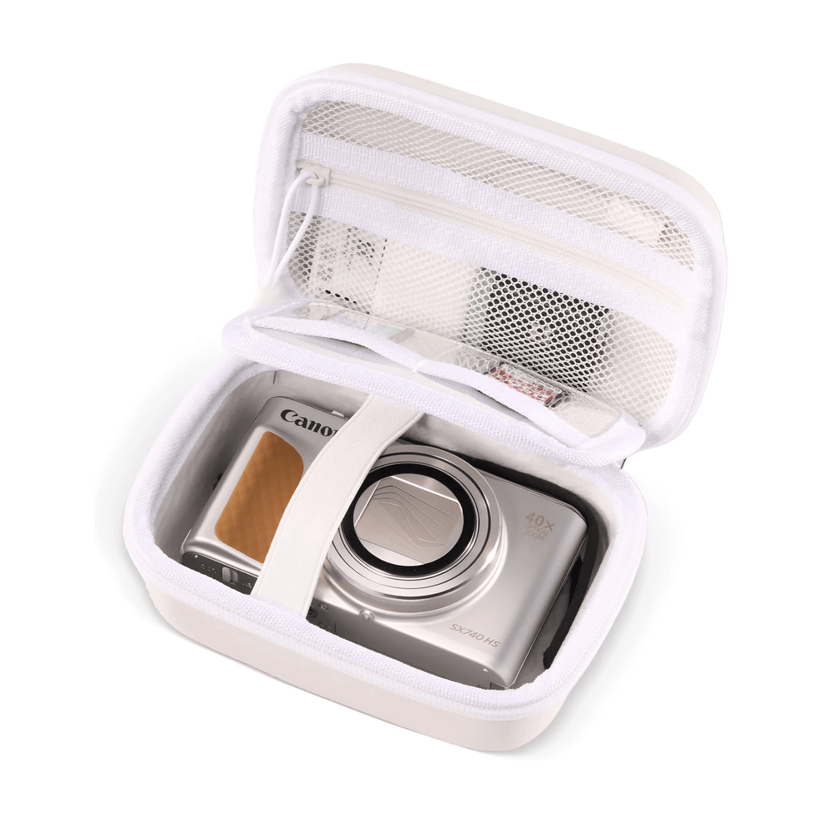 A white digital camera case with a mesh interior, shown open and holding a silver Canon digital camera on a plain white background.