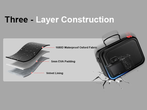 Black travel bag with three-layer construction details on a gray background