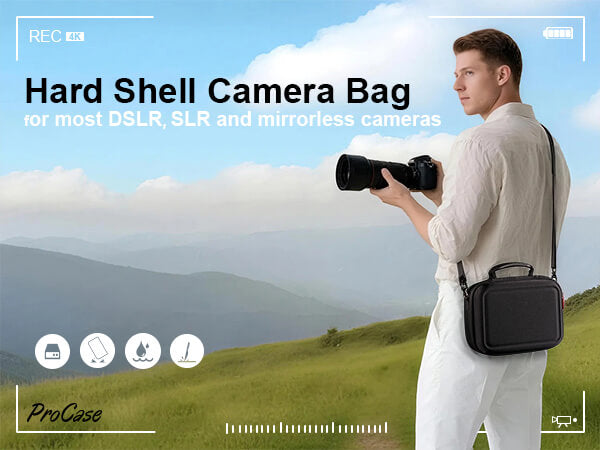 Man holding a camera with a hard shell camera bag against a scenic background, featuring ProCase branding.