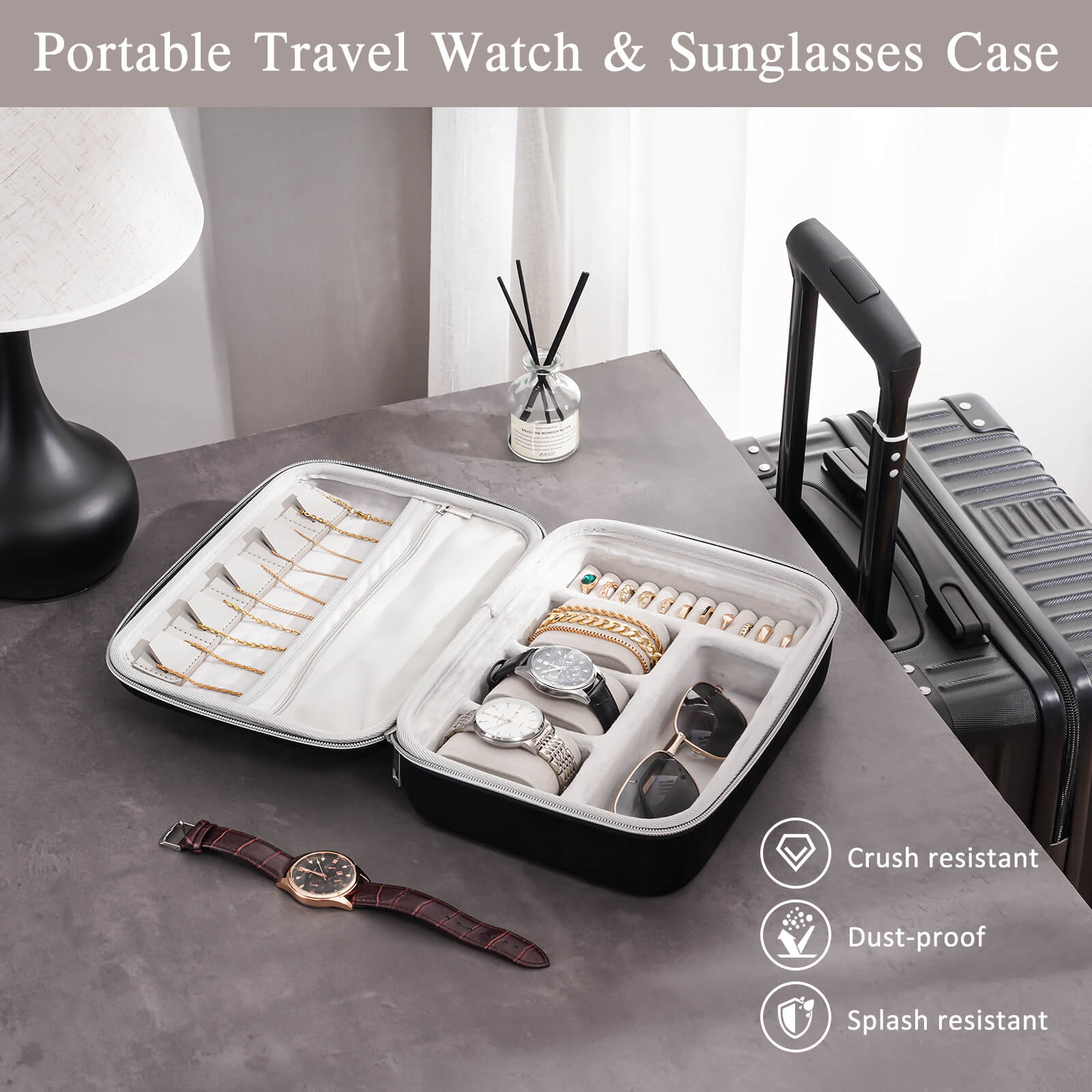 Portable travel watch and sunglasses case on a table