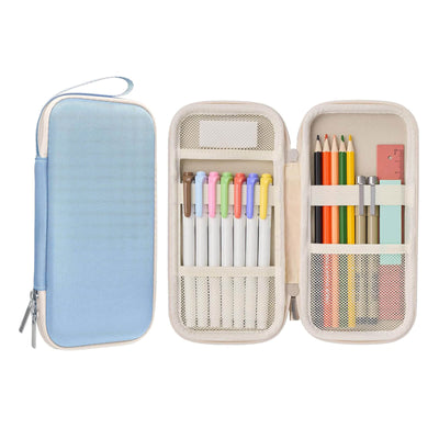 A light blue zippered pencil case shown open, displaying its interior organization with pens, colored pencils, and small stationery items. A closed view of the same case is shown to the left, on a clean white background.