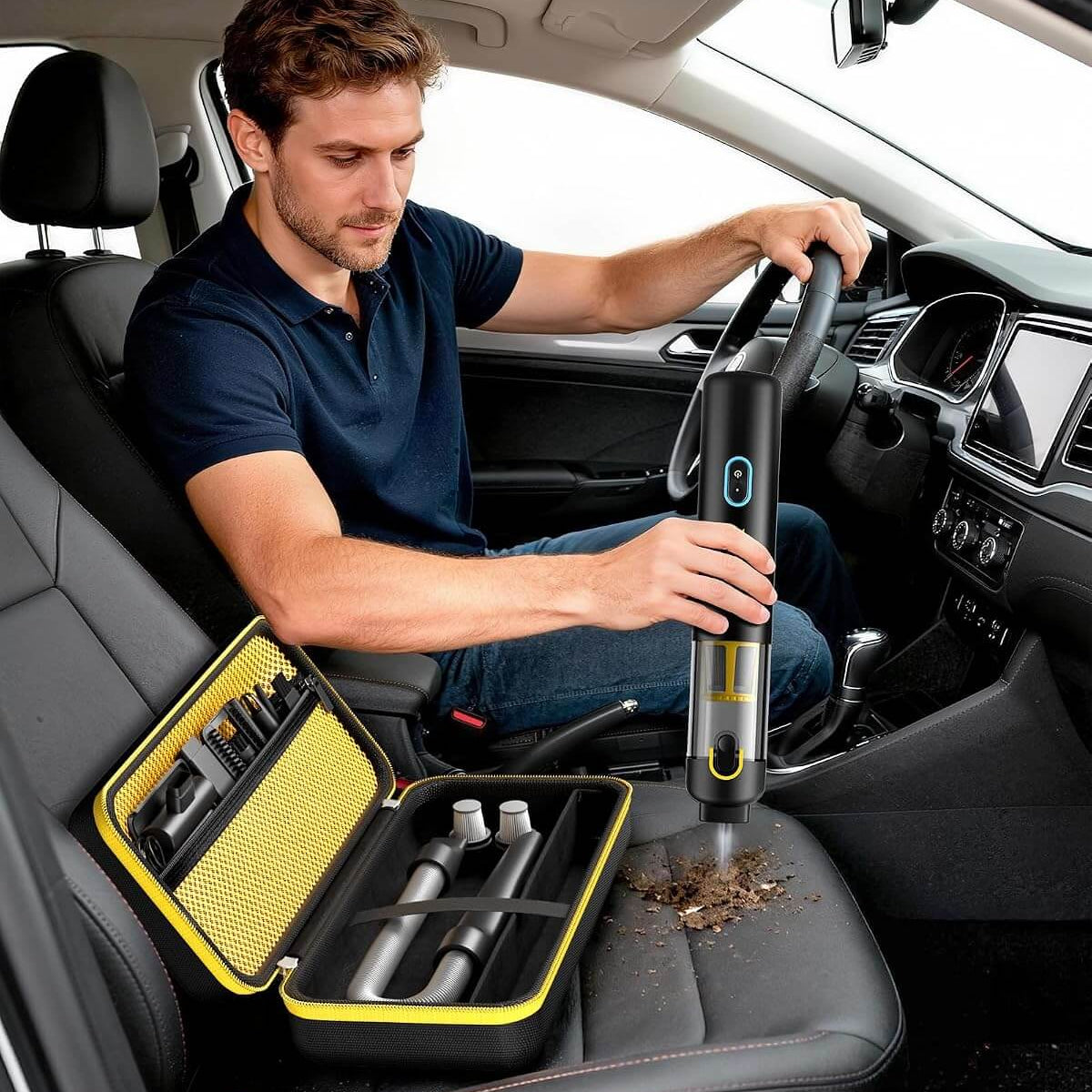 Man cleaning car interior with a vacuum cleaner and tools in a yellow case.