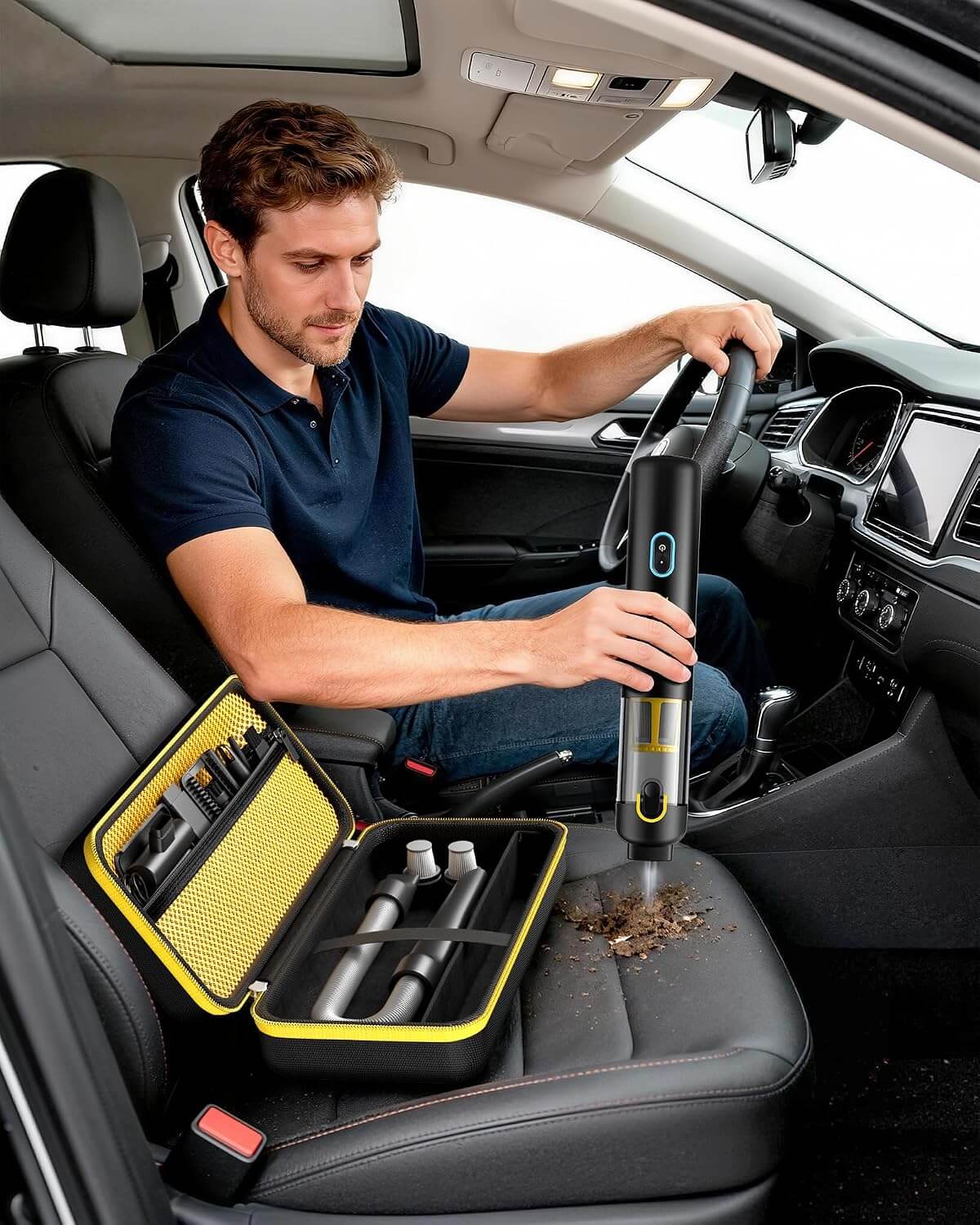 Man cleaning car interior with a vacuum cleaner and tools in a yellow case.