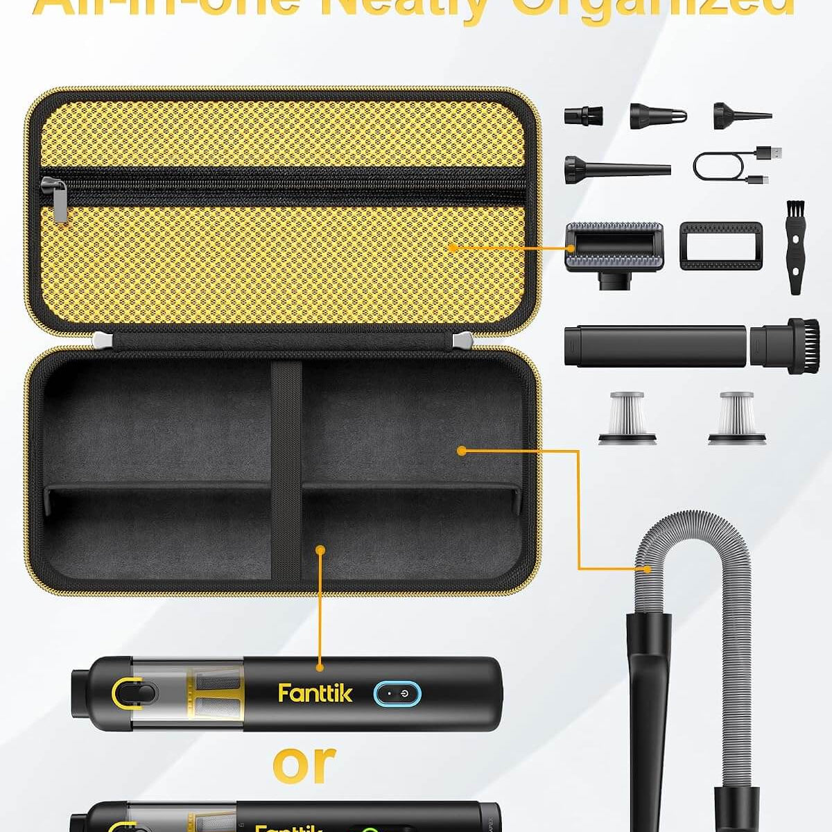 An infographic-style product layout showing a compact black and yellow hard case for Fanttik opened to reveal interior compartments, with multiple included accessories arranged around it and callout lines pointing to features. The text at the top reads 'All-in-one Neatly Organized.