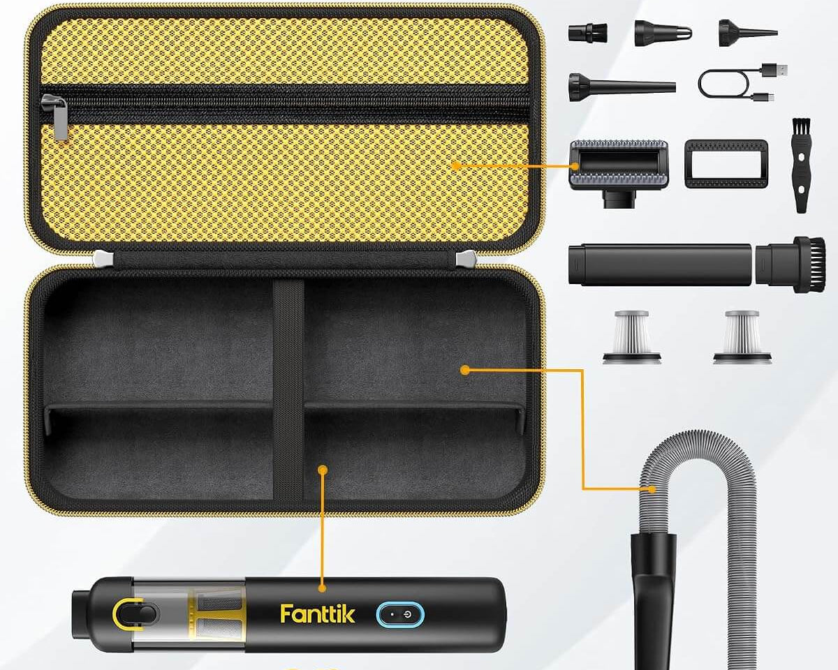 An infographic-style product layout showing a compact black and yellow hard case for Fanttik opened to reveal interior compartments, with multiple included accessories arranged around it and callout lines pointing to features. The text at the top reads 'All-in-one Neatly Organized.
