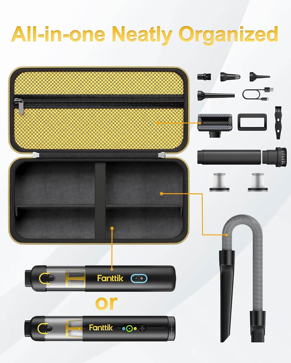 An infographic-style product layout showing a compact black and yellow hard case for Fanttik opened to reveal interior compartments, with multiple included accessories arranged around it and callout lines pointing to features. The text at the top reads 'All-in-one Neatly Organized.