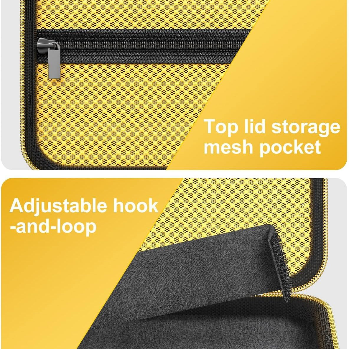 Yellow storage case with mesh pocket and adjustable hook-and-loop strap on a white background