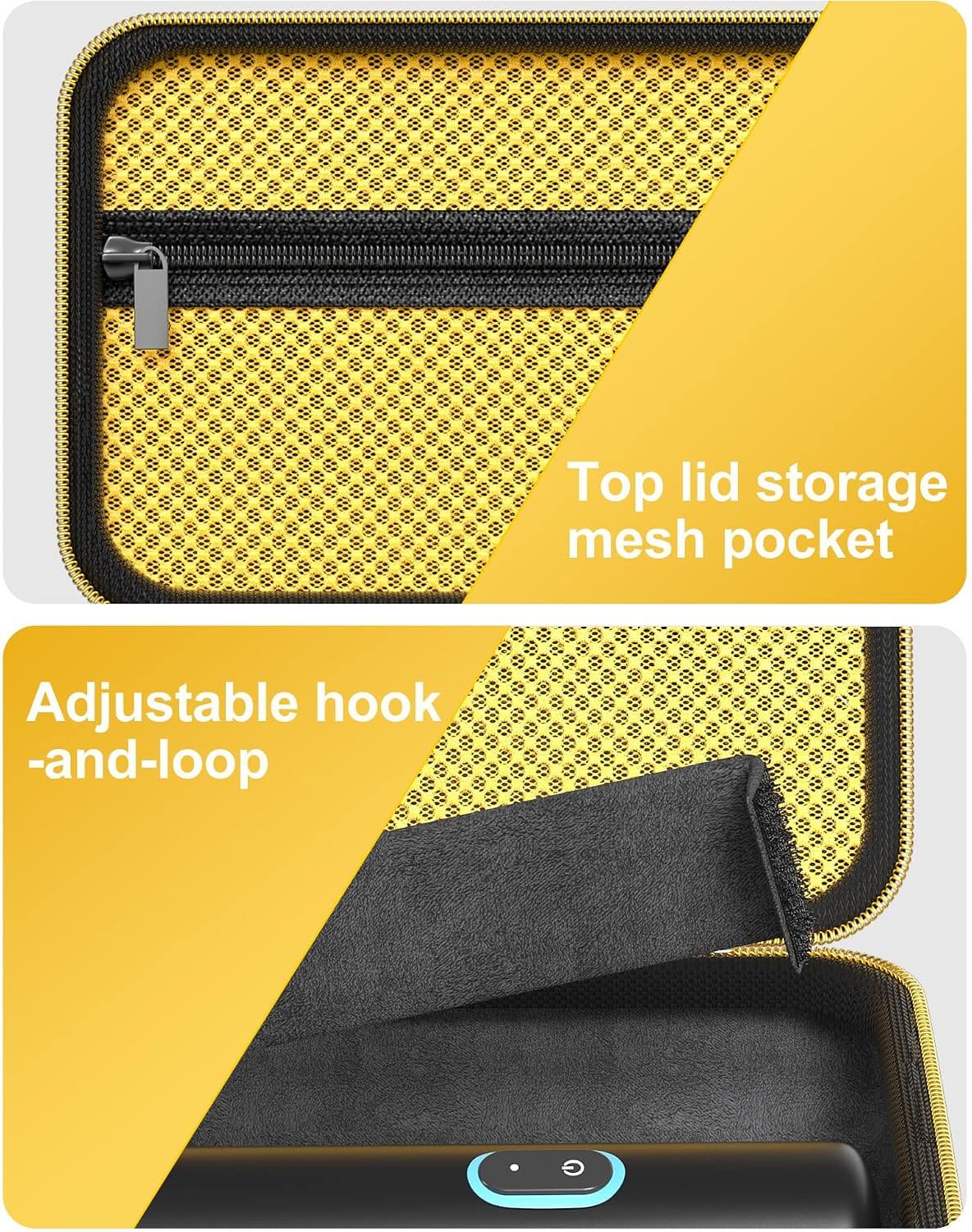 Yellow storage case with mesh pocket and adjustable hook-and-loop strap on a white background