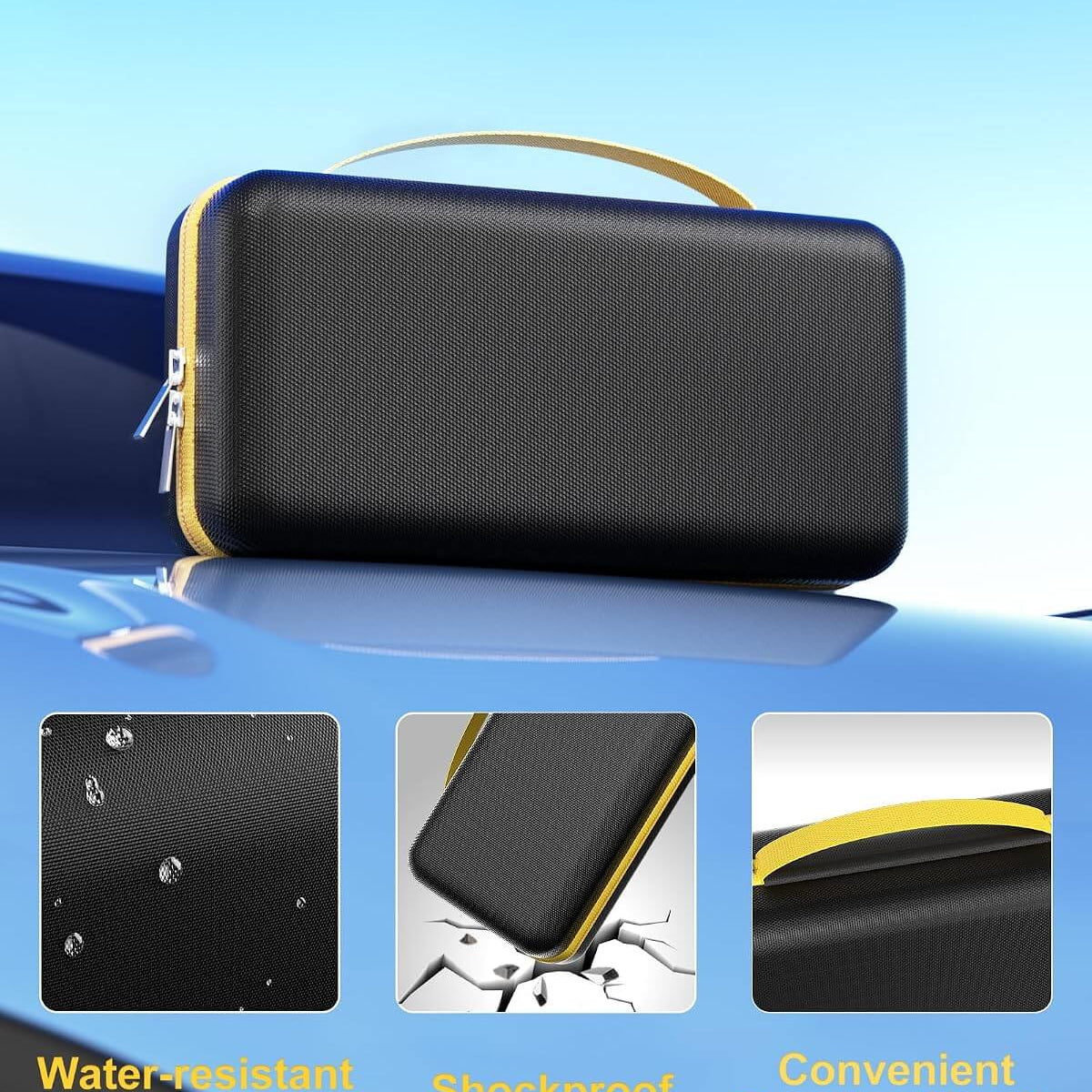 Black hard case for Fanttikon a blue car, featuring water-resistant exterior, shockproof design, and convenient carrying handle.