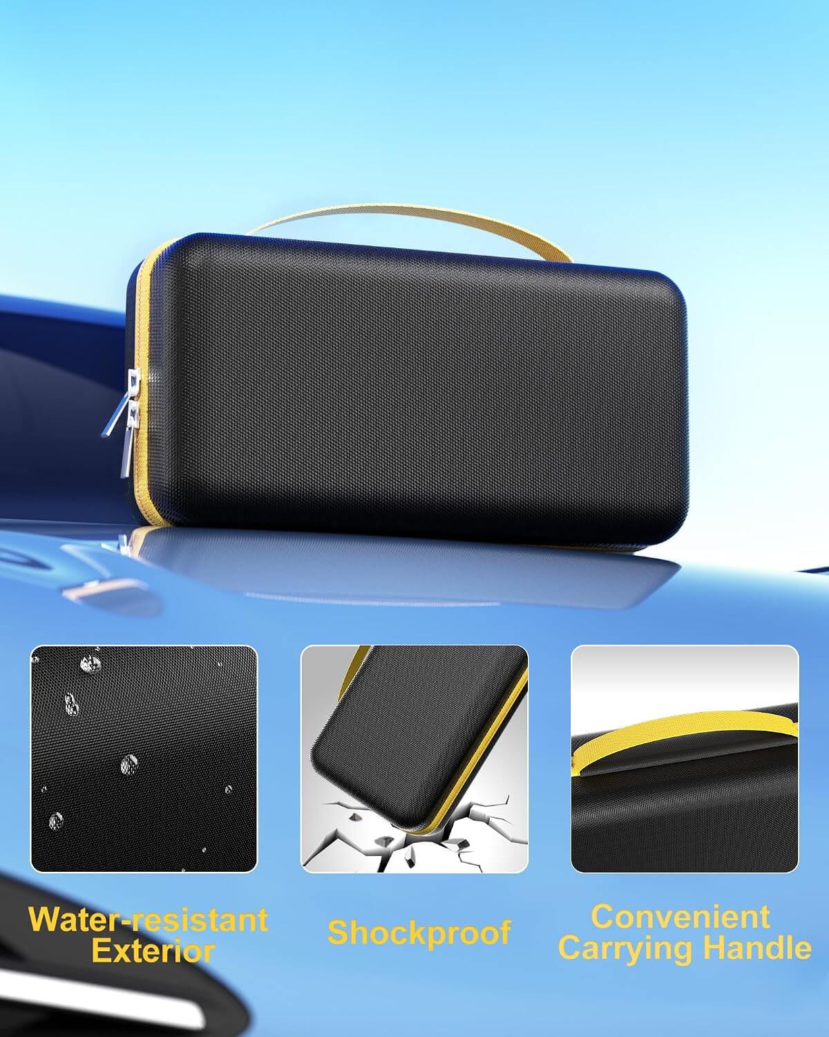 Black hard case for Fanttikon a blue car, featuring water-resistant exterior, shockproof design, and convenient carrying handle.