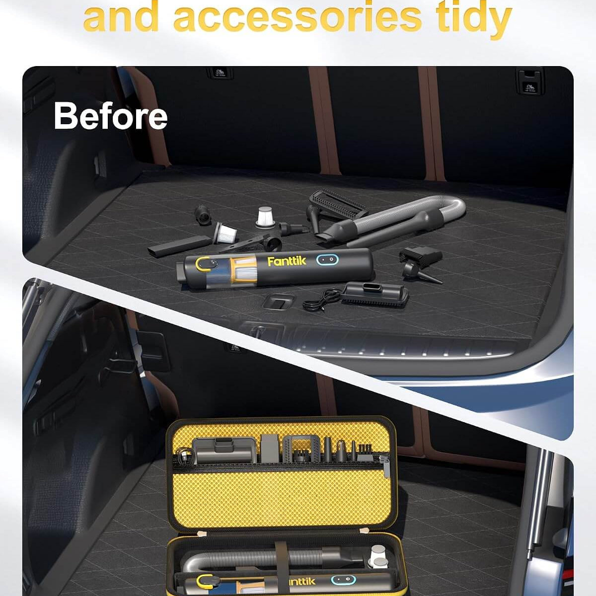 Before-and-after comparison showing a car trunk organizer set. The top panel labeled 'Before' shows the trunk with the vacuum and accessories scattered on the floor mat.