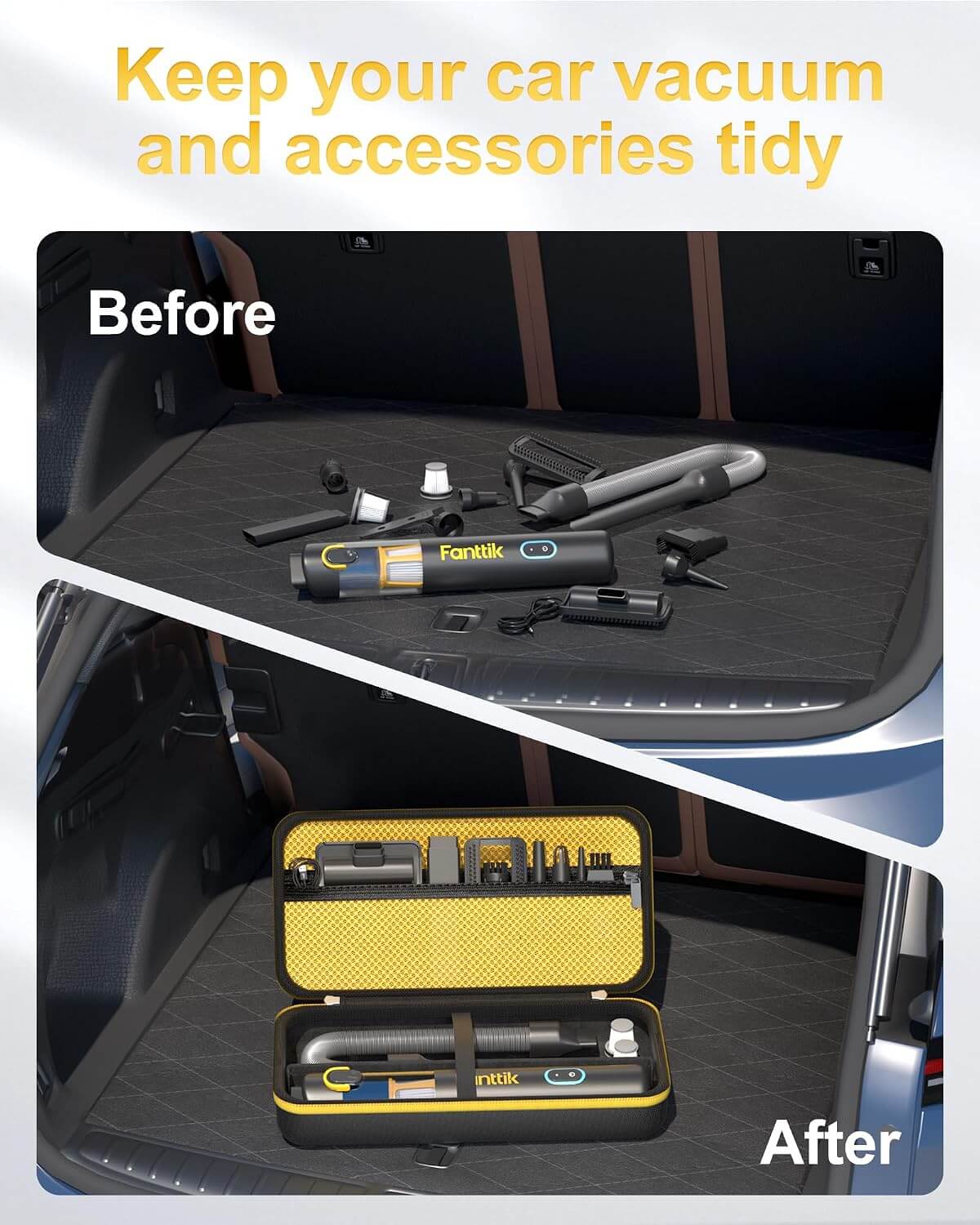 Before-and-after comparison showing a car trunk organizer set. The top panel labeled 'Before' shows the trunk with the vacuum and accessories scattered on the floor mat.