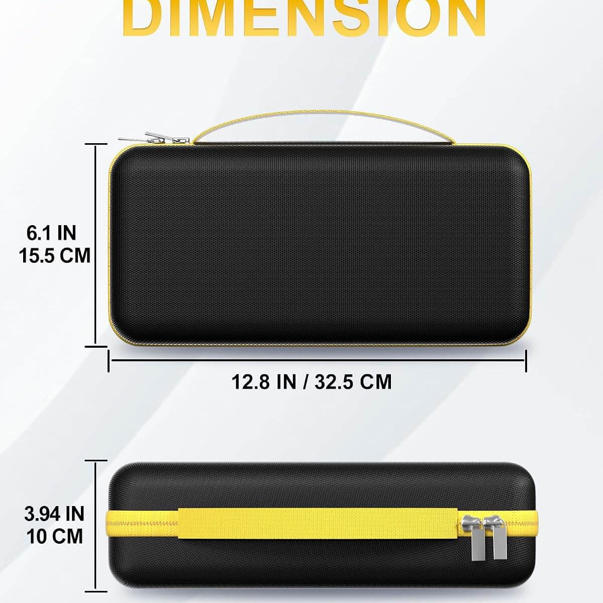 A black hard case for fanttik,with a gold handle and gold zipper trim, shown with dimension labels indicating 12.8 inches by 6.
