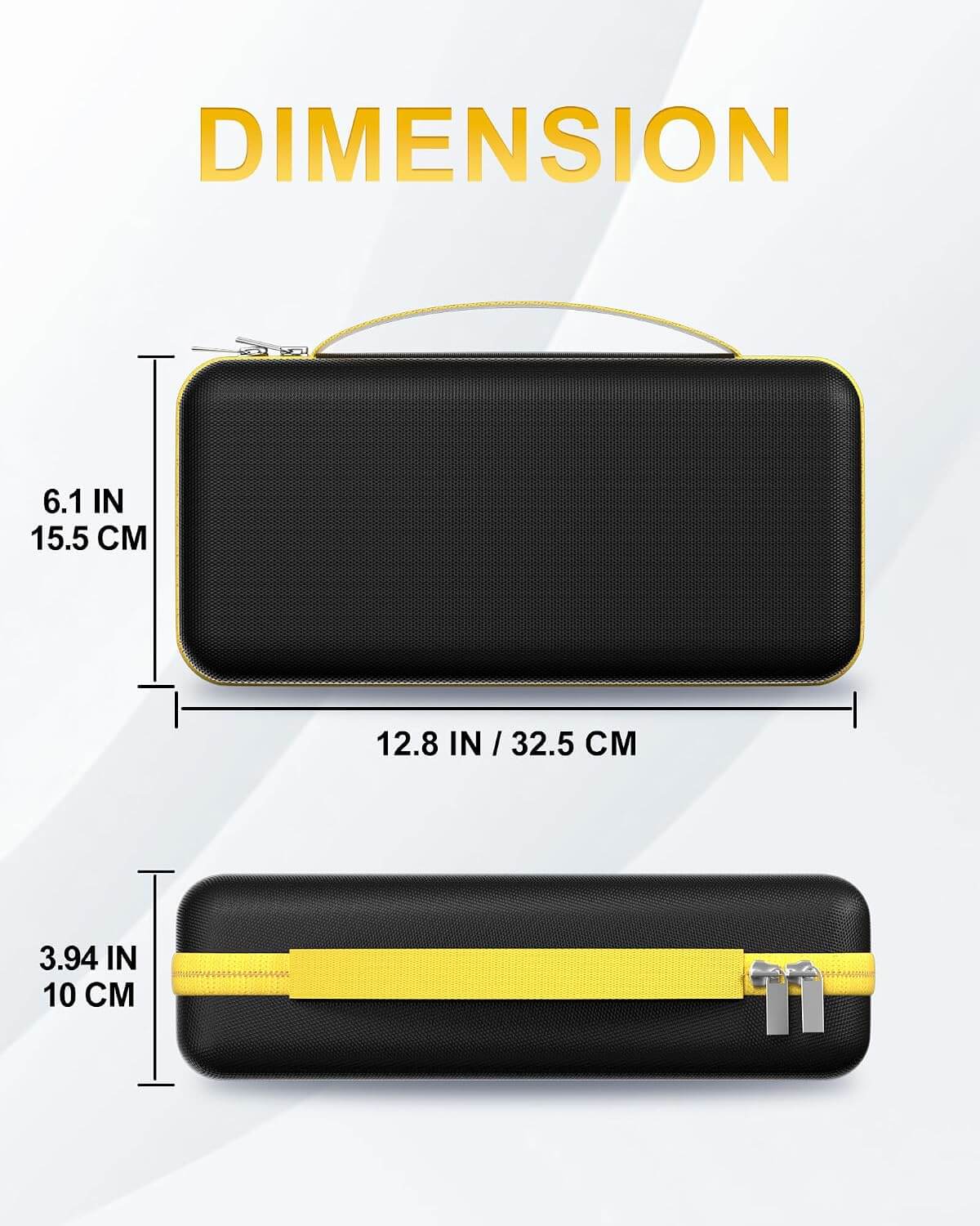 A black hard case for fanttik,with a gold handle and gold zipper trim, shown with dimension labels indicating 12.8 inches by 6.