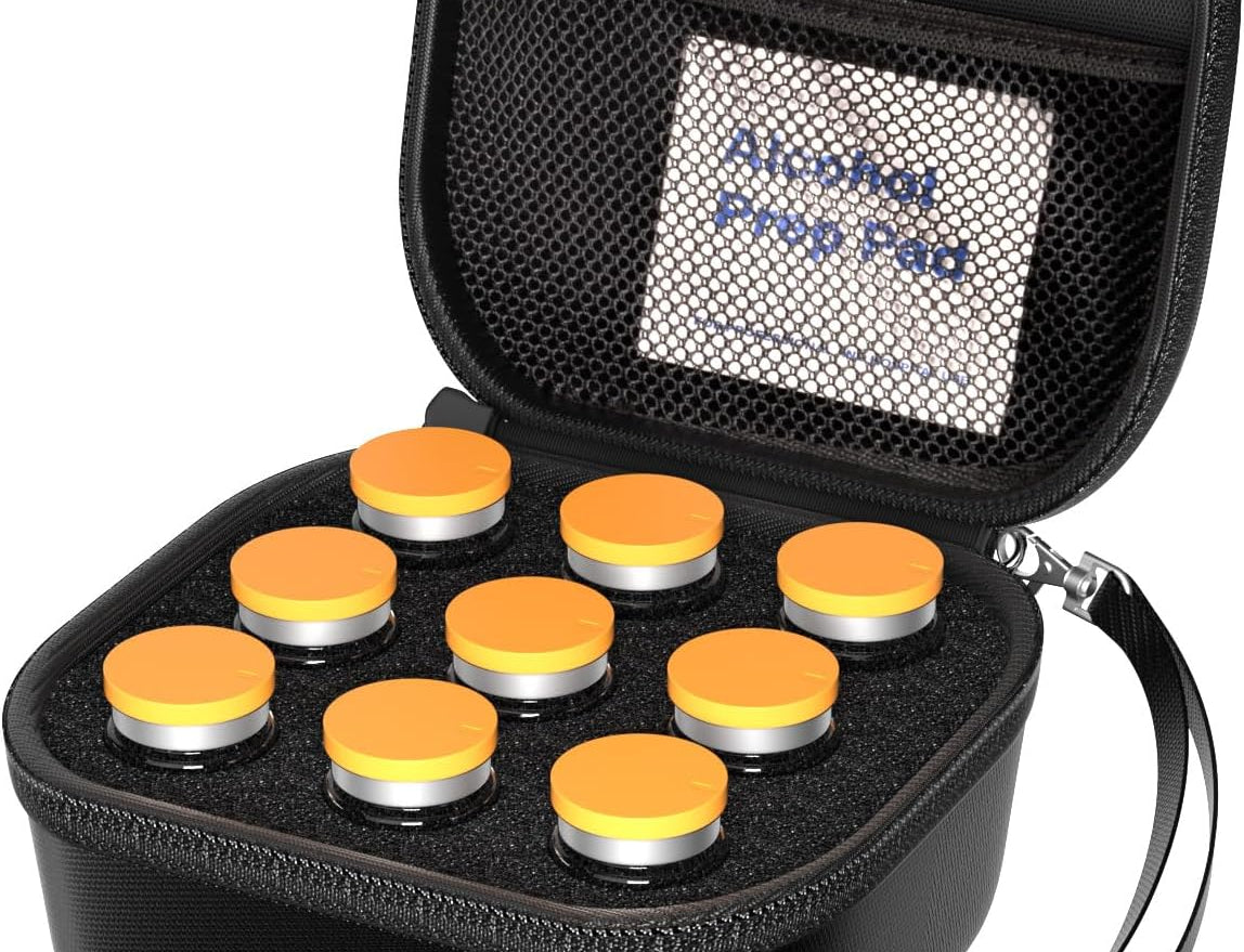 9 Slots Insulin Vial Holder for Fridge, Peptide Travel Storage Hard Carrying Case for Standard 10ml U-100 Vials Bottles, Diabetic Supplies Kits Organizer Container with Hand Strap