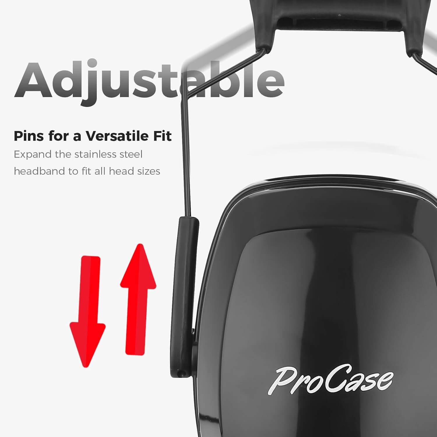 Black noise reduction ear muffs with adjustable headband feature and 'ProCase' branding.