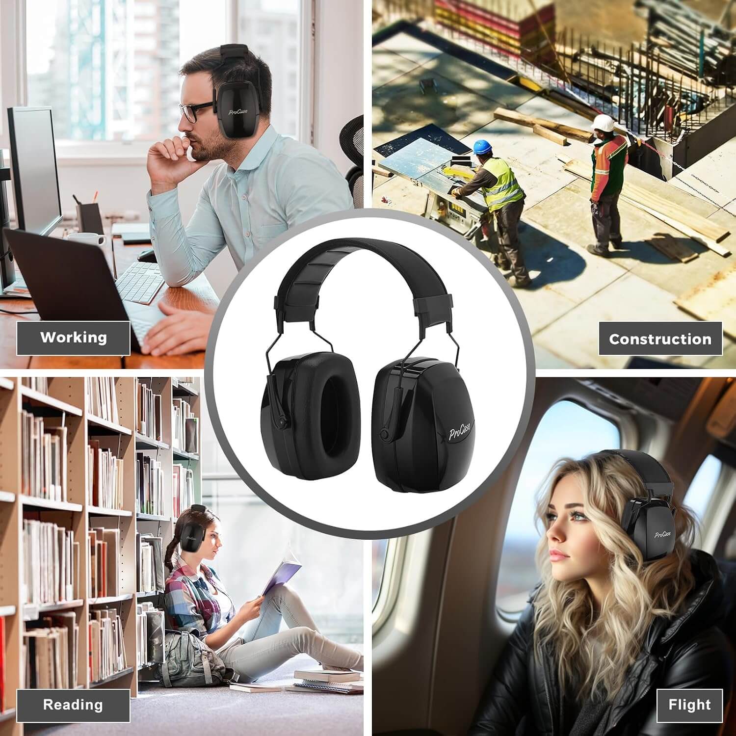 noise reduction ear muffs shown in various settings including office, construction site, and airplane.