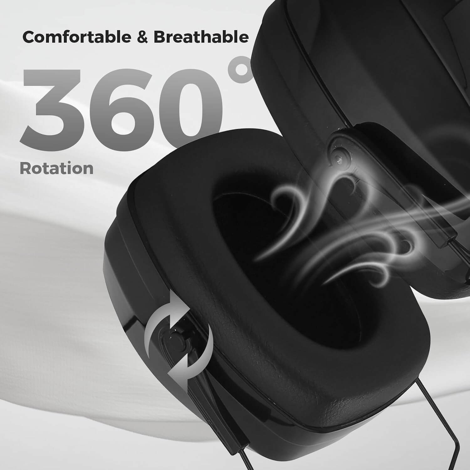 Black noise reduction ear muffs with 360-degree rotation feature on a white background
