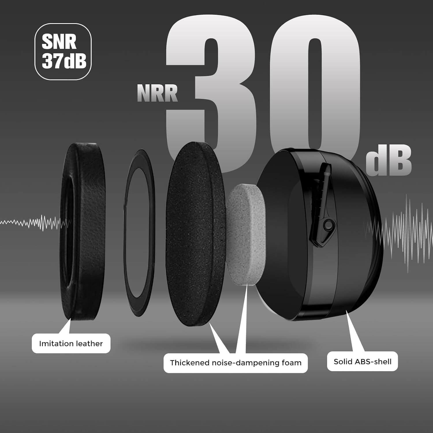 Black earbud with labeled components on a gray background