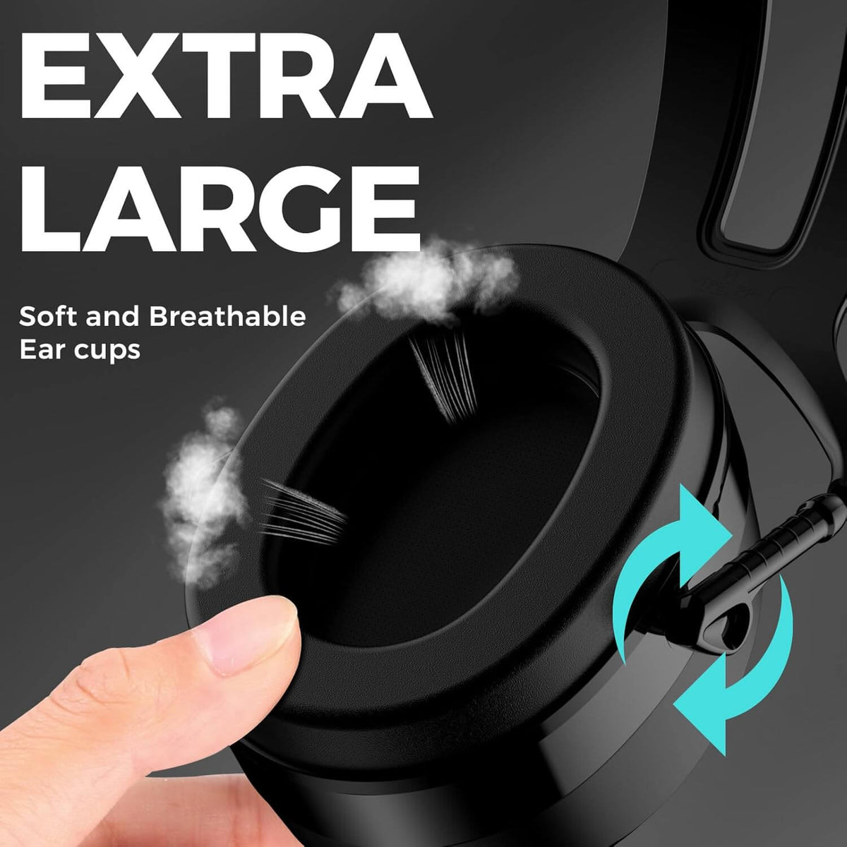 Black headphones with soft and breathable ear cups, showing a hand adjusting them.