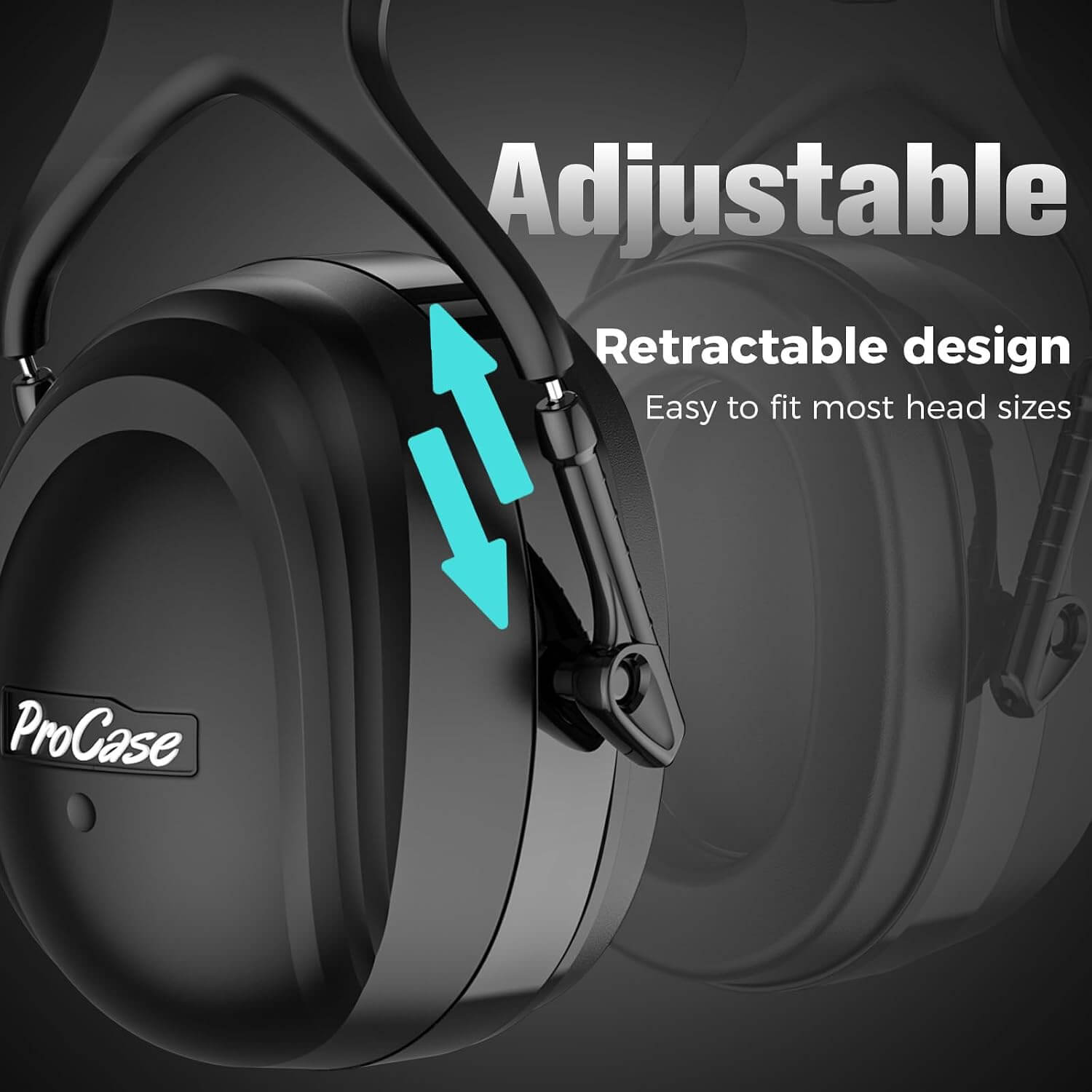 Black ProCase headphones with adjustable and retractable design feature on a dark background