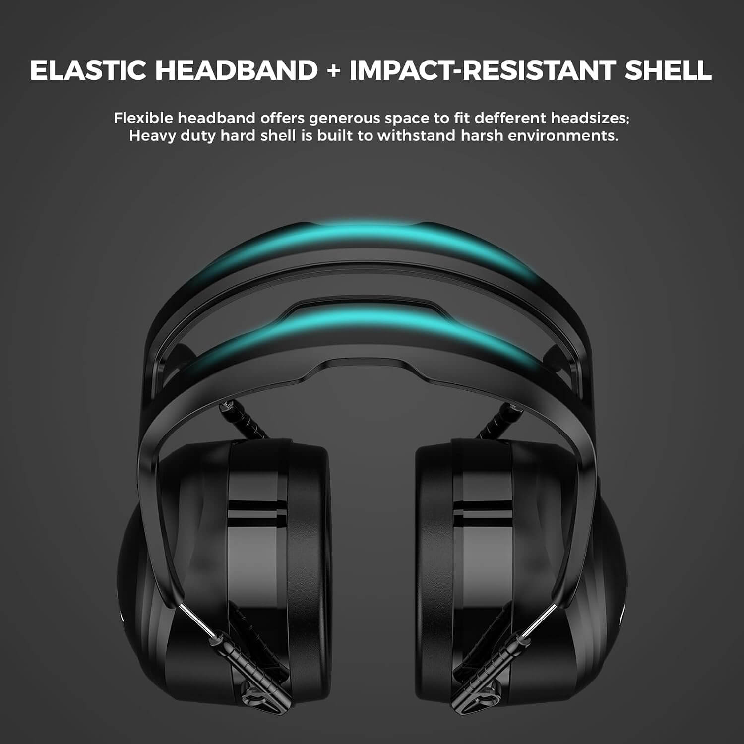 Black over-ear gaming headphones with glowing teal accents on the headband, shown on a dark gray background with marketing text at the top.