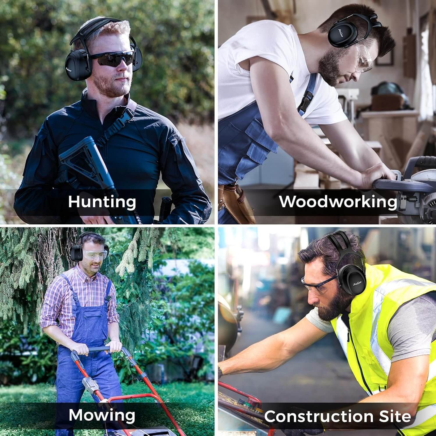 Four scenarios showing different uses of ear protection: hunting, woodworking, mowing, and construction site.
