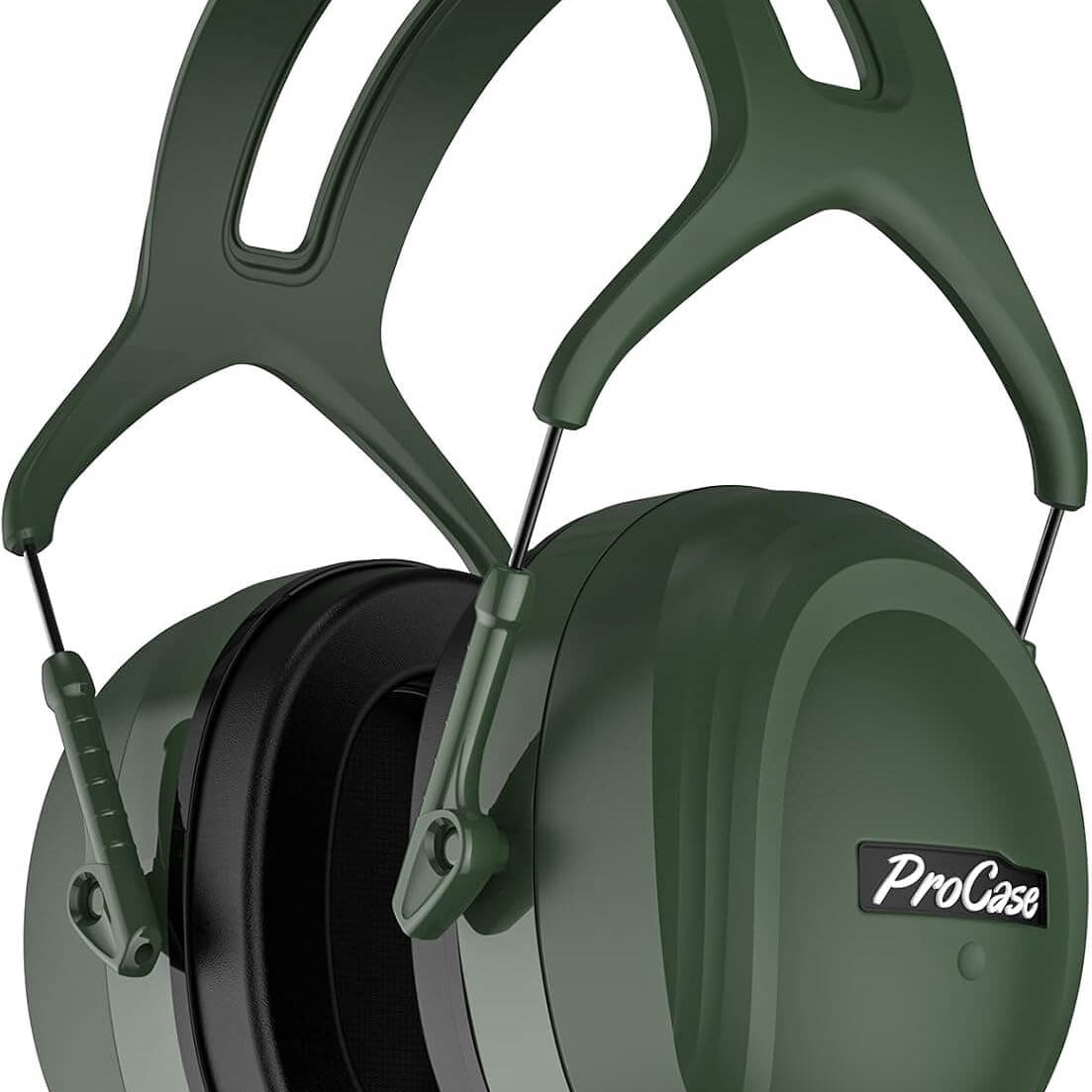 Green over-ear hearing protection earmuffs with a padded headband and a visible ProCase logo on the outer cup, shown on a plain white background.